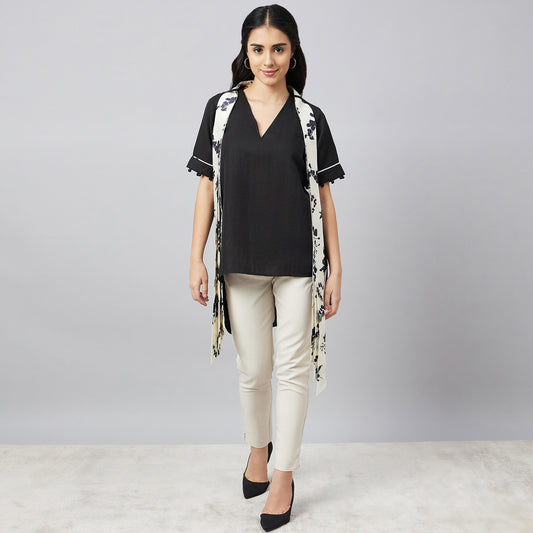 Black and Ivory Linen Top with Belt