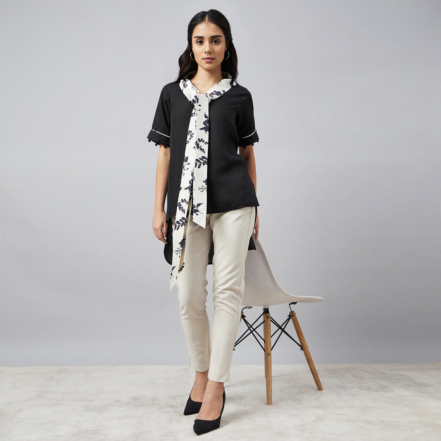 Black and Ivory Linen Top with Belt