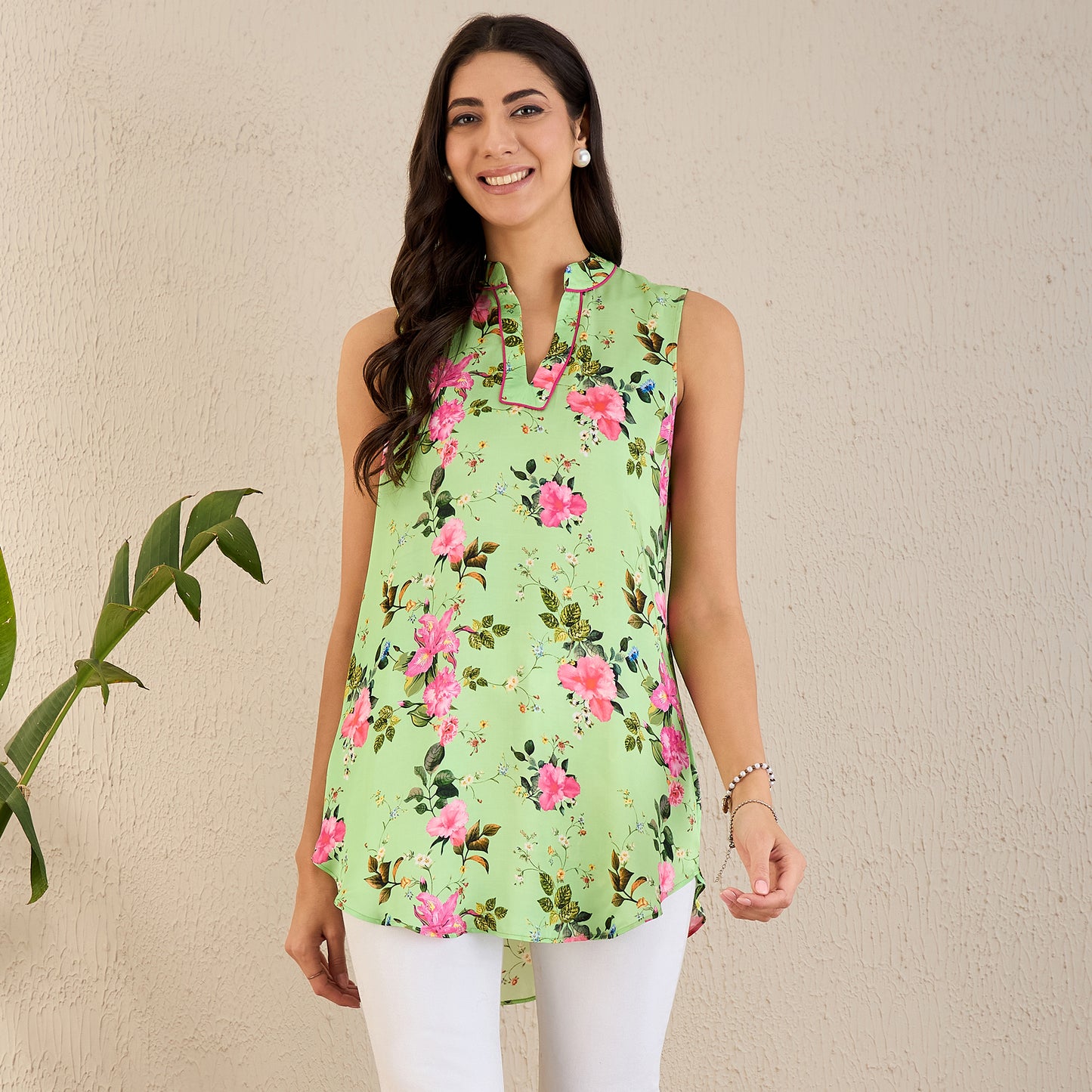 Mint Green and Pink Garden Print Sleeveless Top