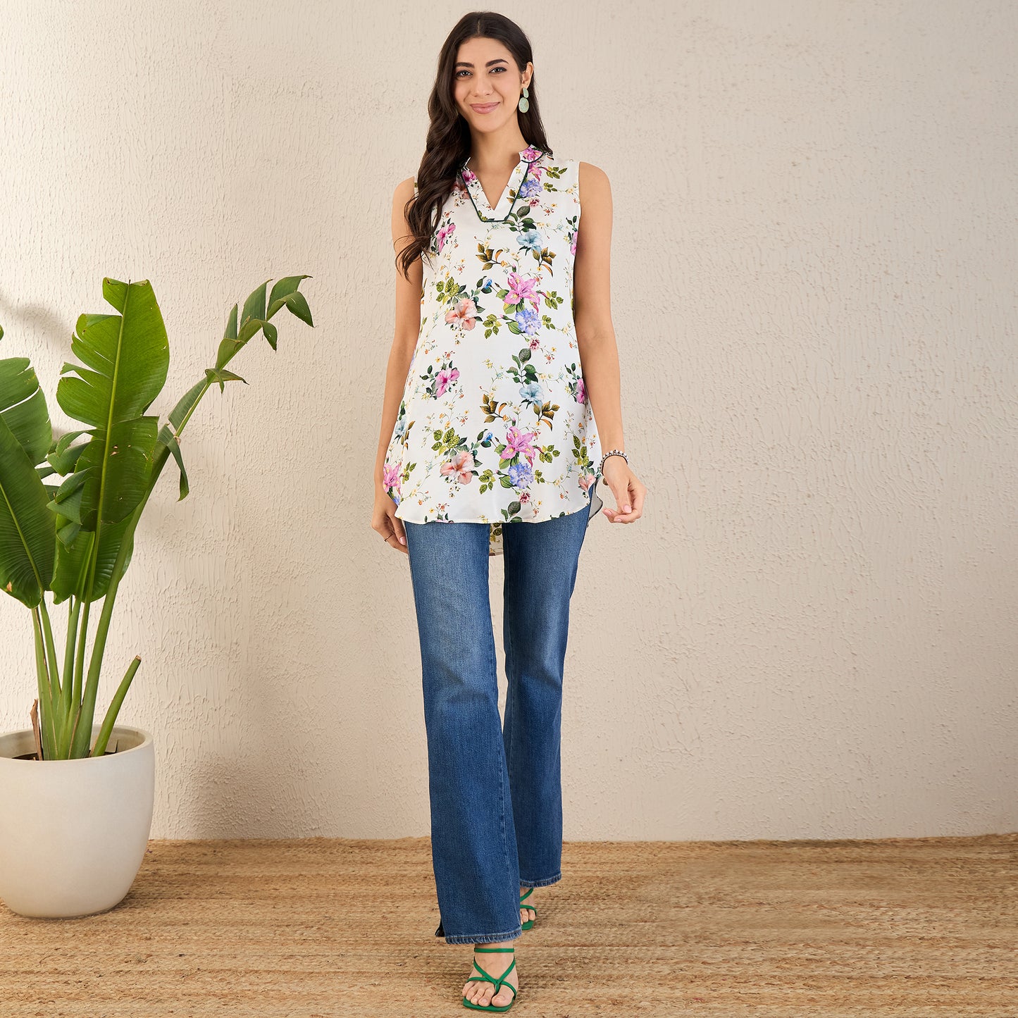 White and Pink Garden Print Sleeveless Top