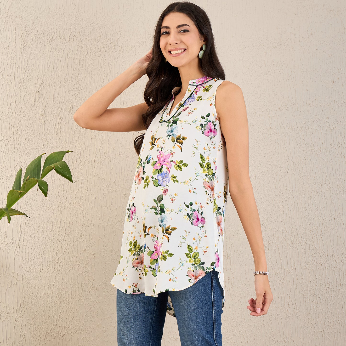 White and Pink Garden Print Sleeveless Top