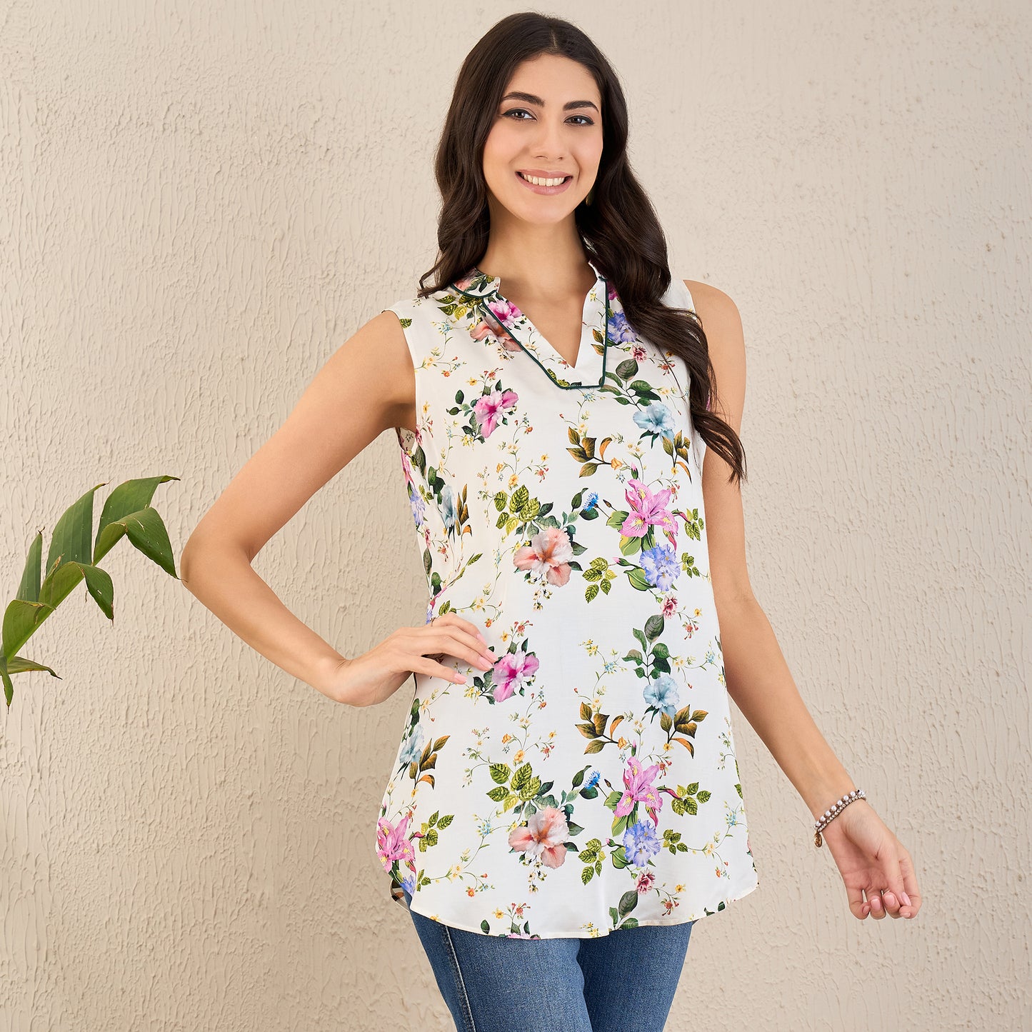 White and Pink Garden Print Sleeveless Top