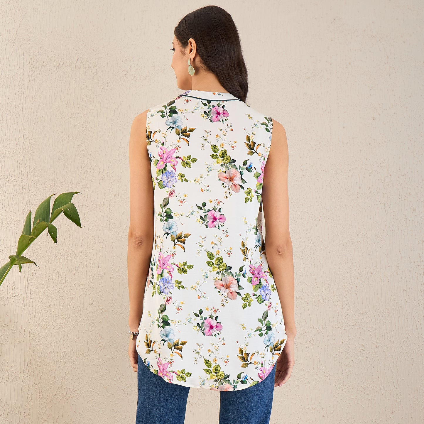White and Pink Garden Print Sleeveless Top
