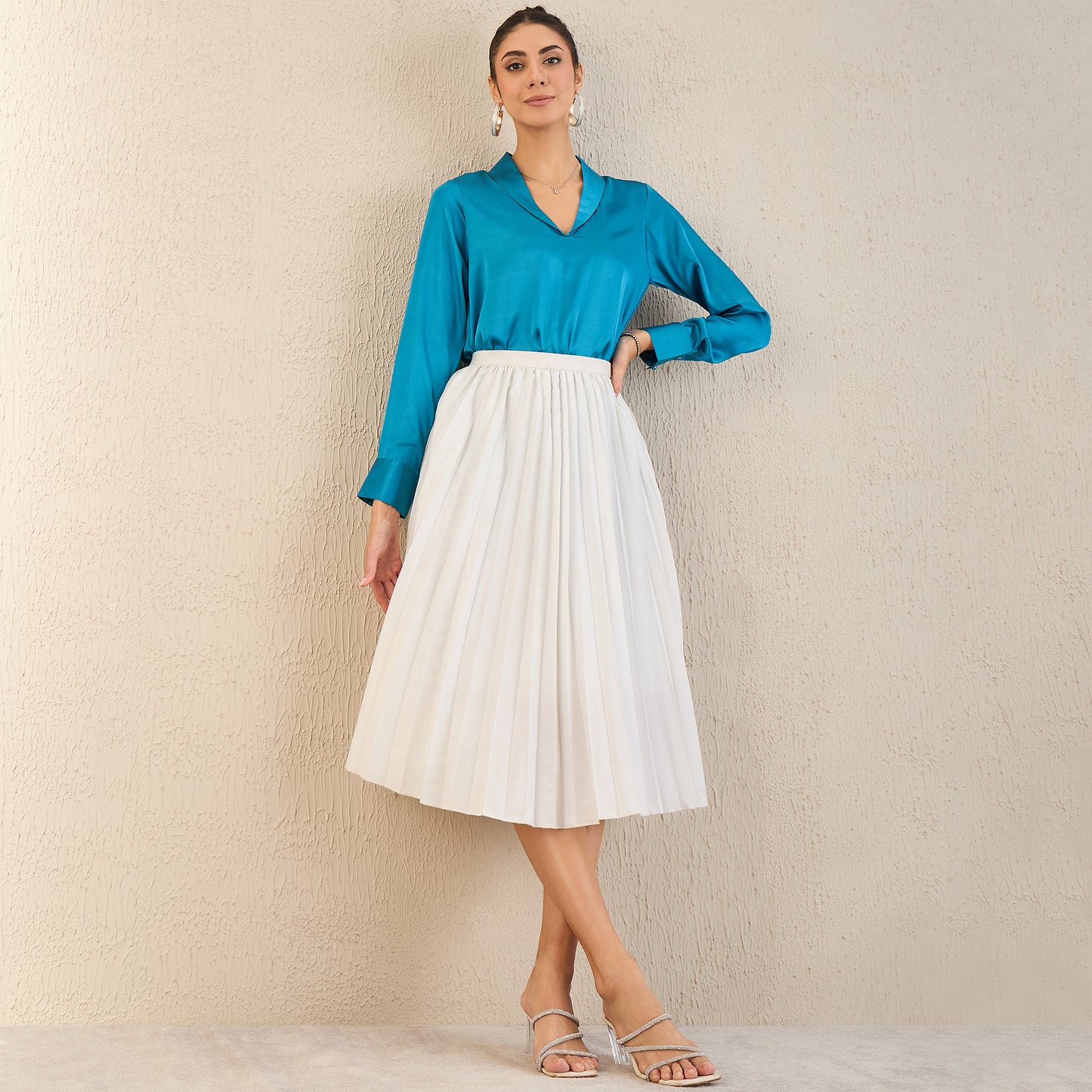 True Blue Shawl Collar Satin Top