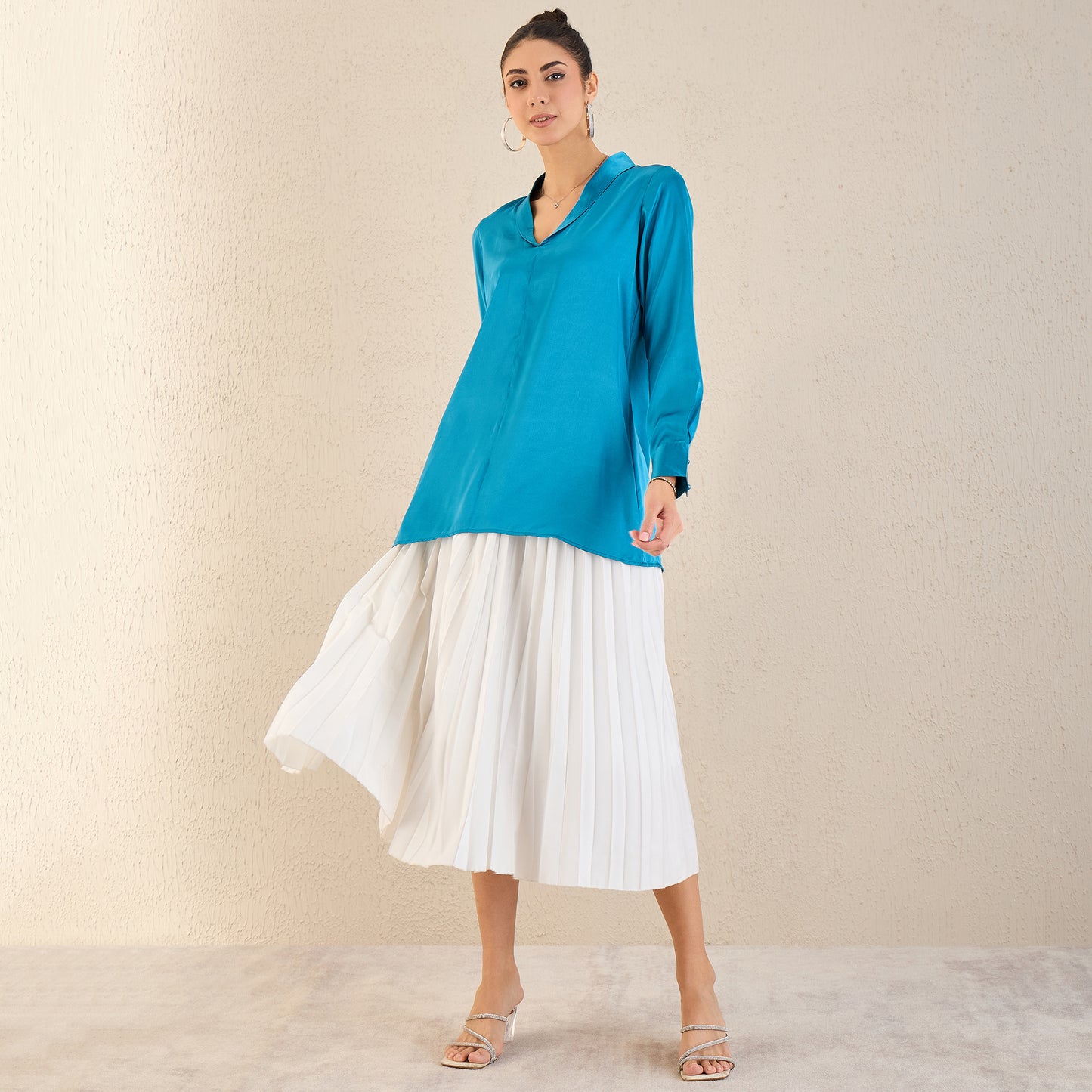 True Blue Shawl Collar Satin Top