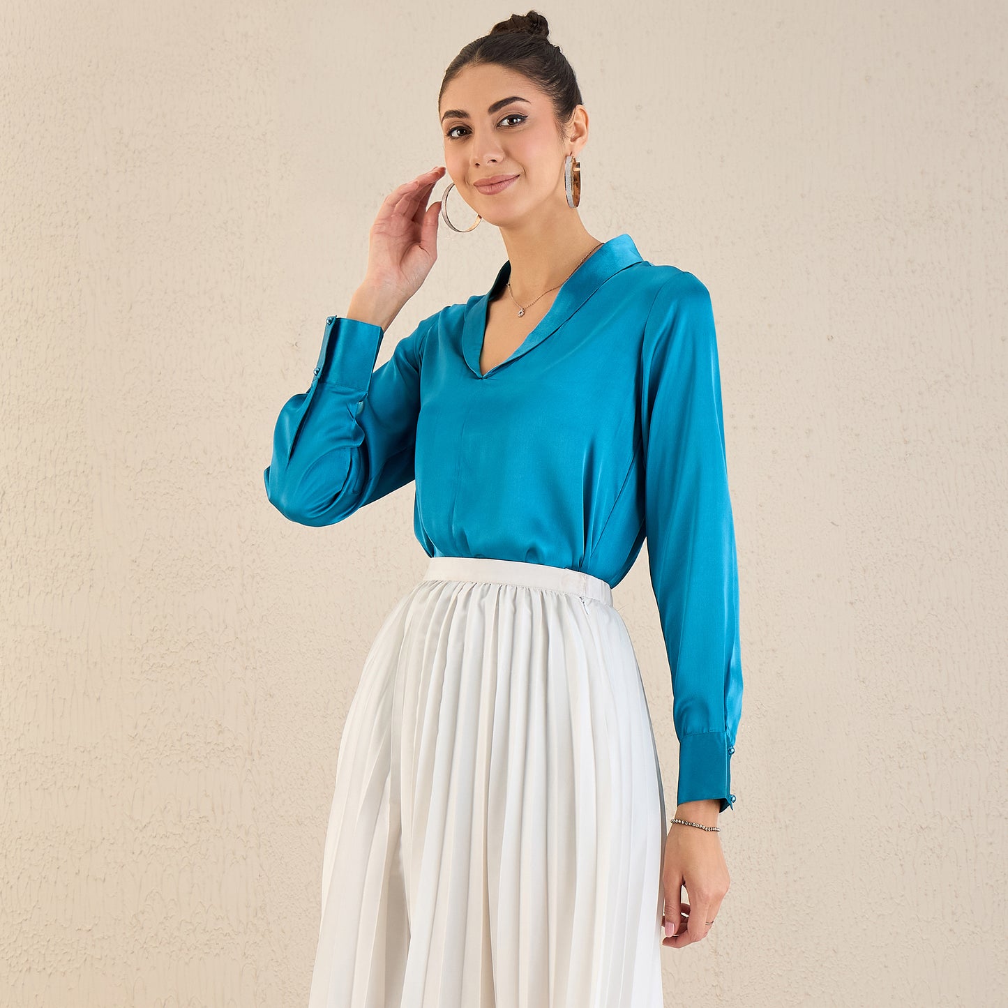 True Blue Shawl Collar Satin Top