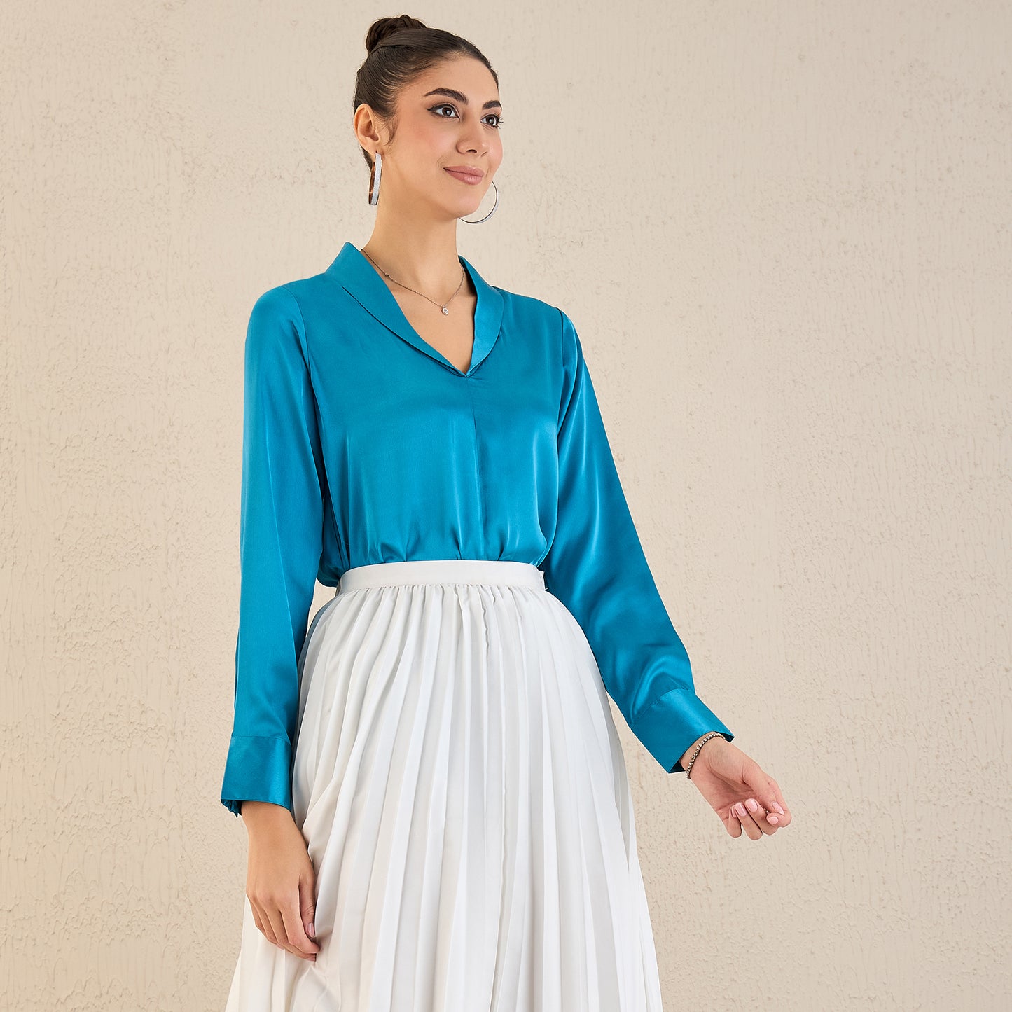 True Blue Shawl Collar Satin Top