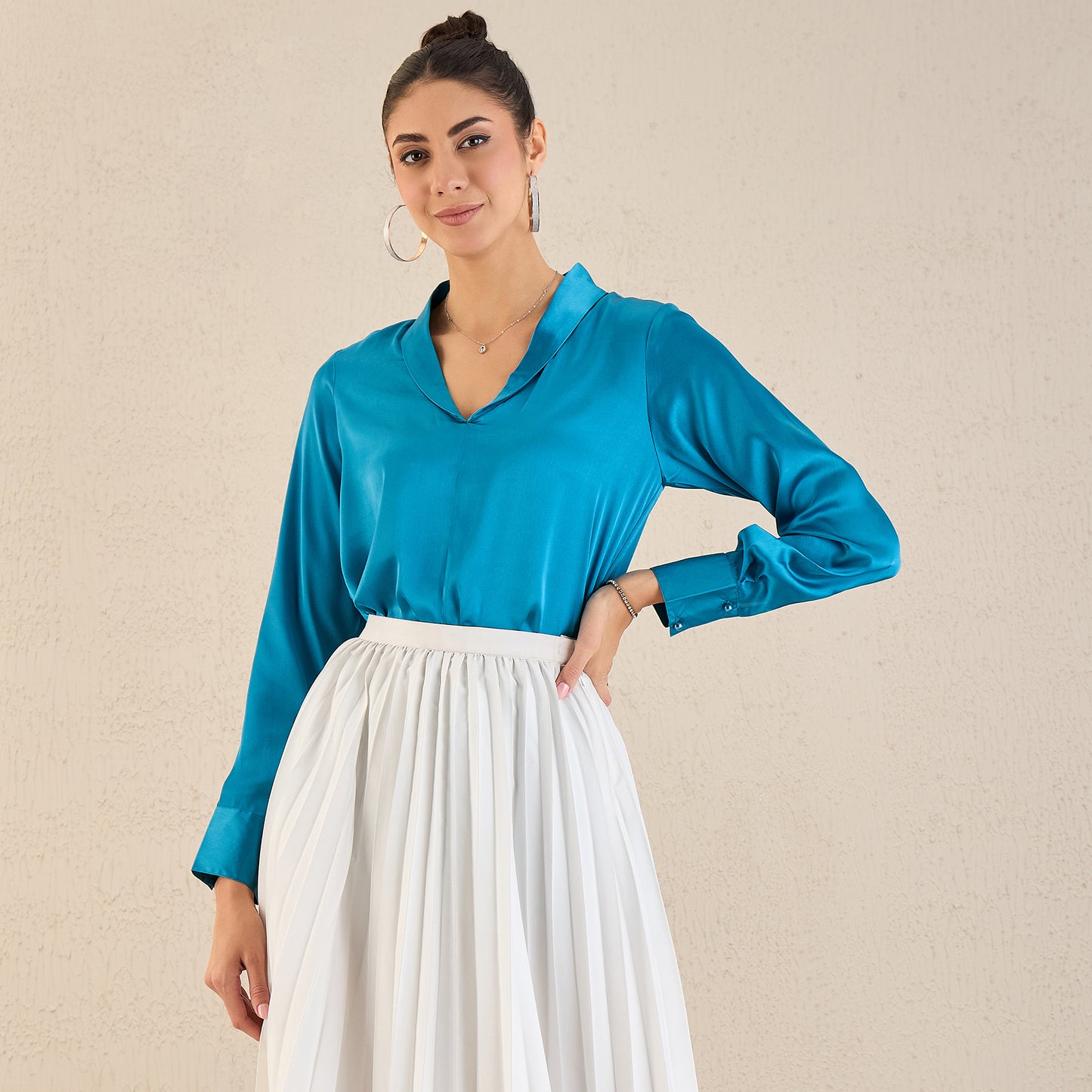 True Blue Shawl Collar Satin Top