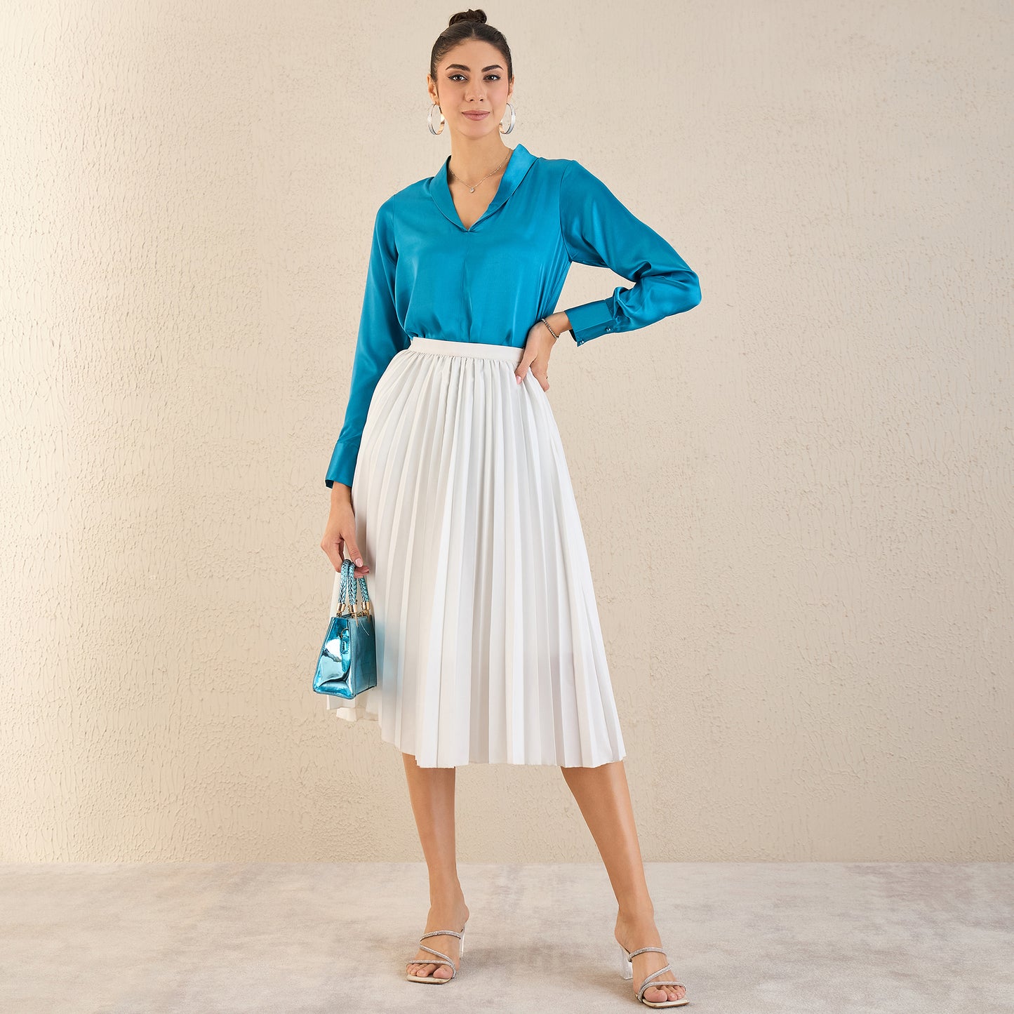 True Blue Shawl Collar Satin Top