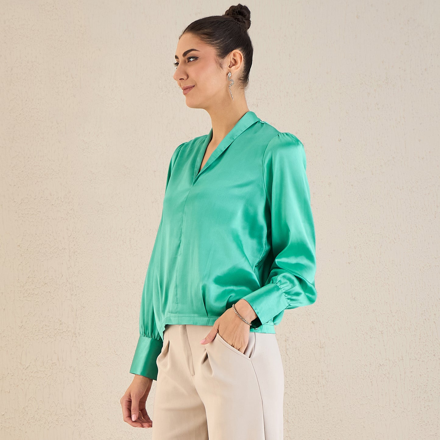 Turquoise Shawl Collar Satin Top