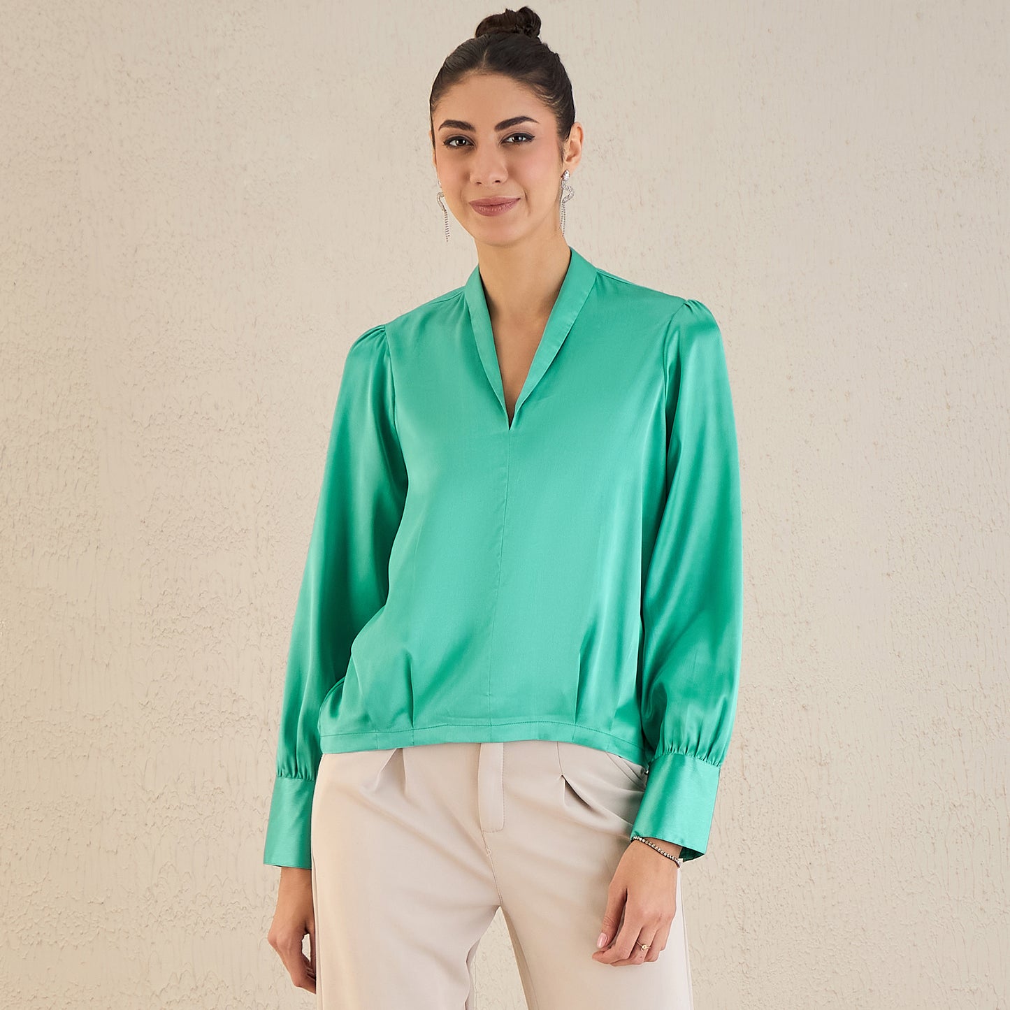 Turquoise Shawl Collar Satin Top