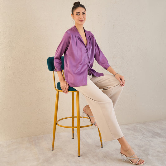 Lilac Crystal Embellished Satin Top with Bow Detail