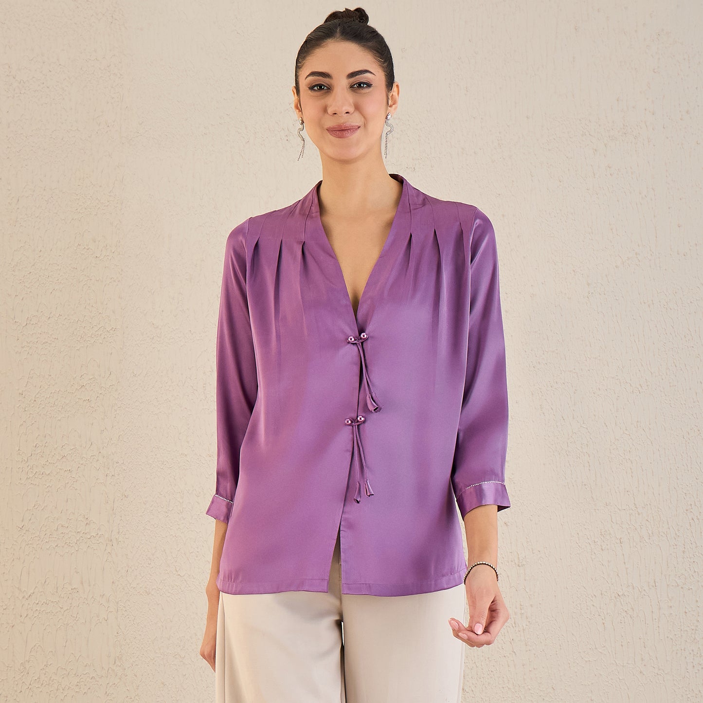 Lilac Crystal Embellished Satin Top with Bow Detail