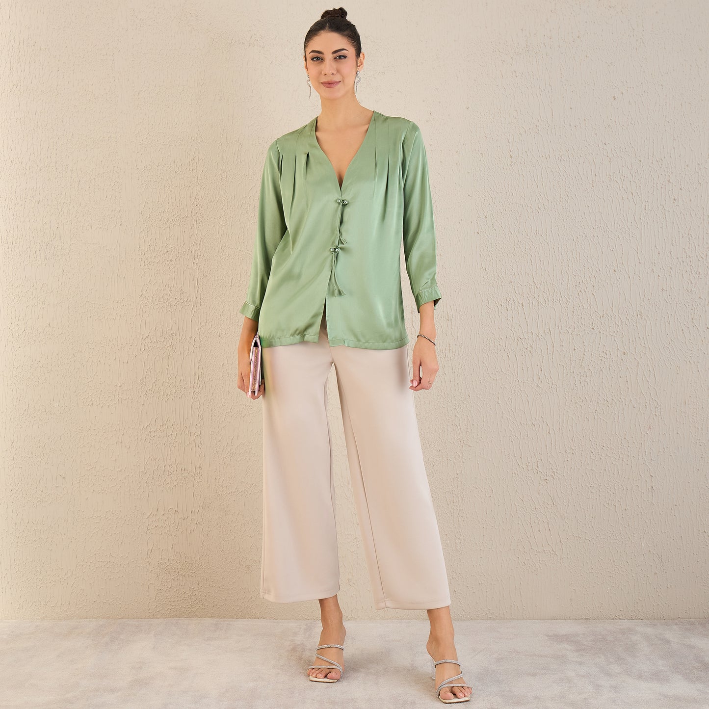 Tea Green Crystal Embellished Satin Top with Bow Detail