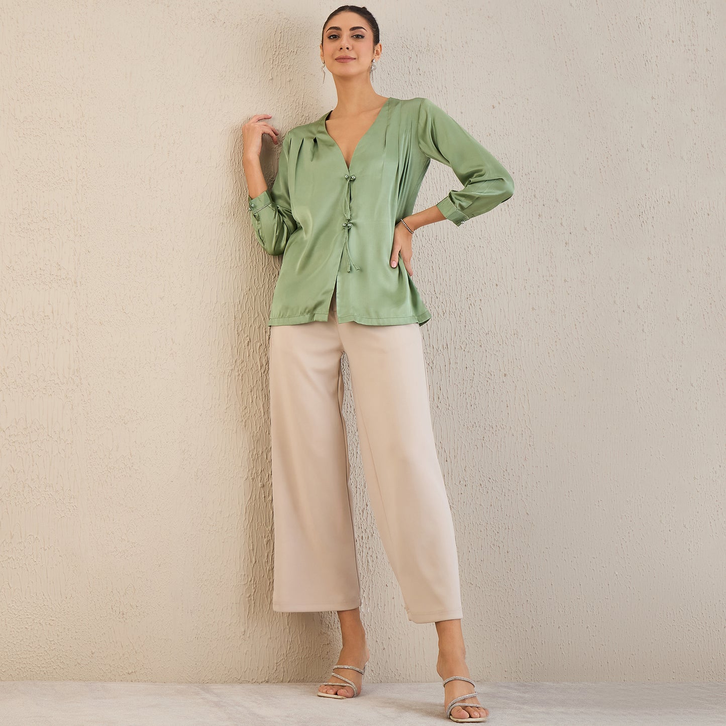 Tea Green Crystal Embellished Satin Top with Bow Detail