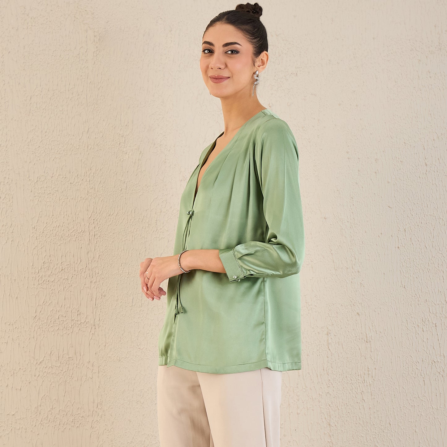 Tea Green Crystal Embellished Satin Top with Bow Detail