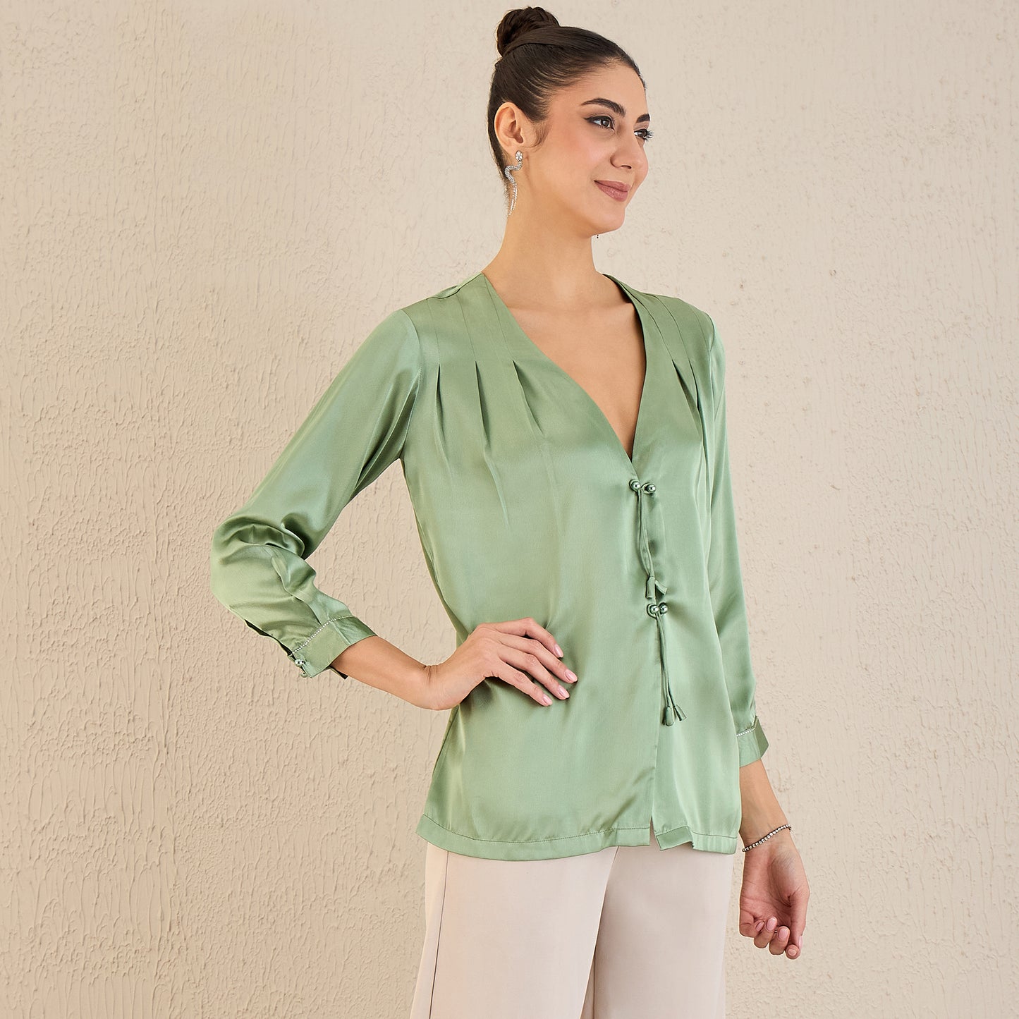 Tea Green Crystal Embellished Satin Top with Bow Detail