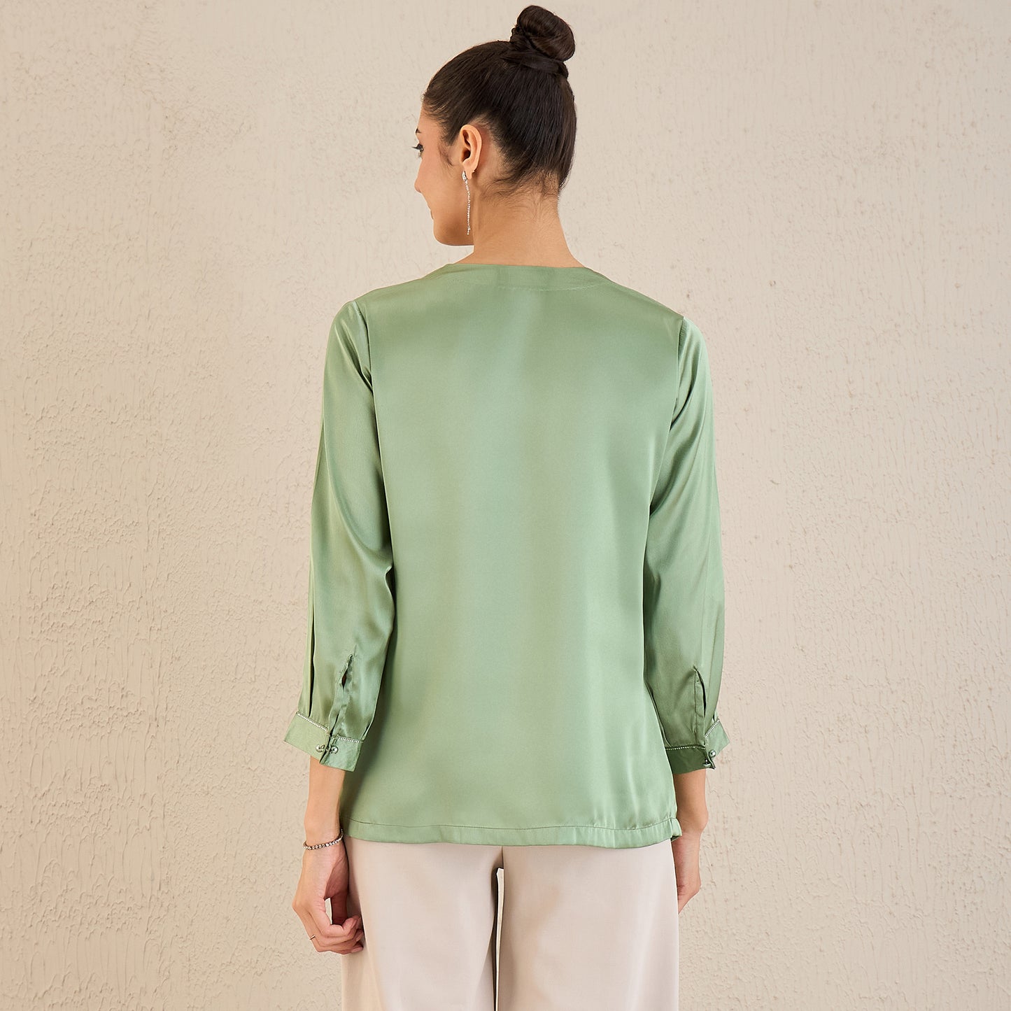 Tea Green Crystal Embellished Satin Top with Bow Detail