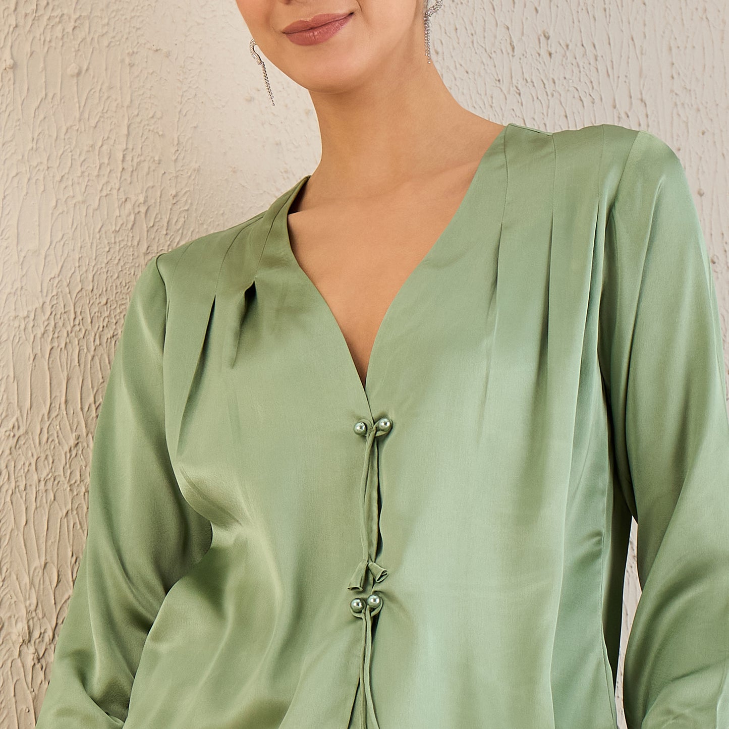 Tea Green Crystal Embellished Satin Top with Bow Detail