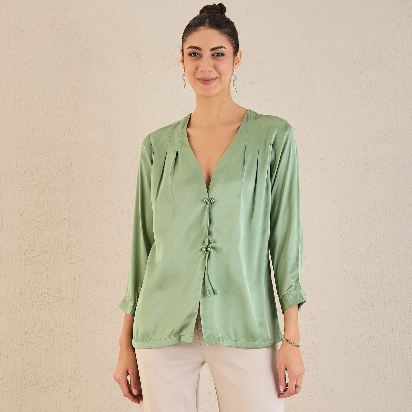 Tea Green Crystal Embellished Satin Top with Bow Detail