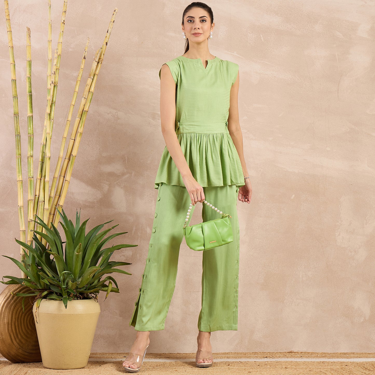 Pastel Green Herringbone Peplum Top