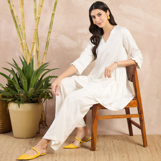 Off-White Herringbone V-Neck Peplum Top