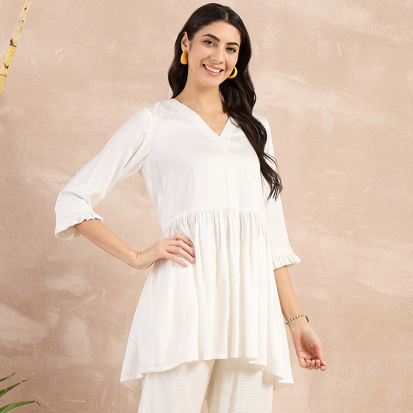 Off-White Herringbone V-Neck Peplum Top