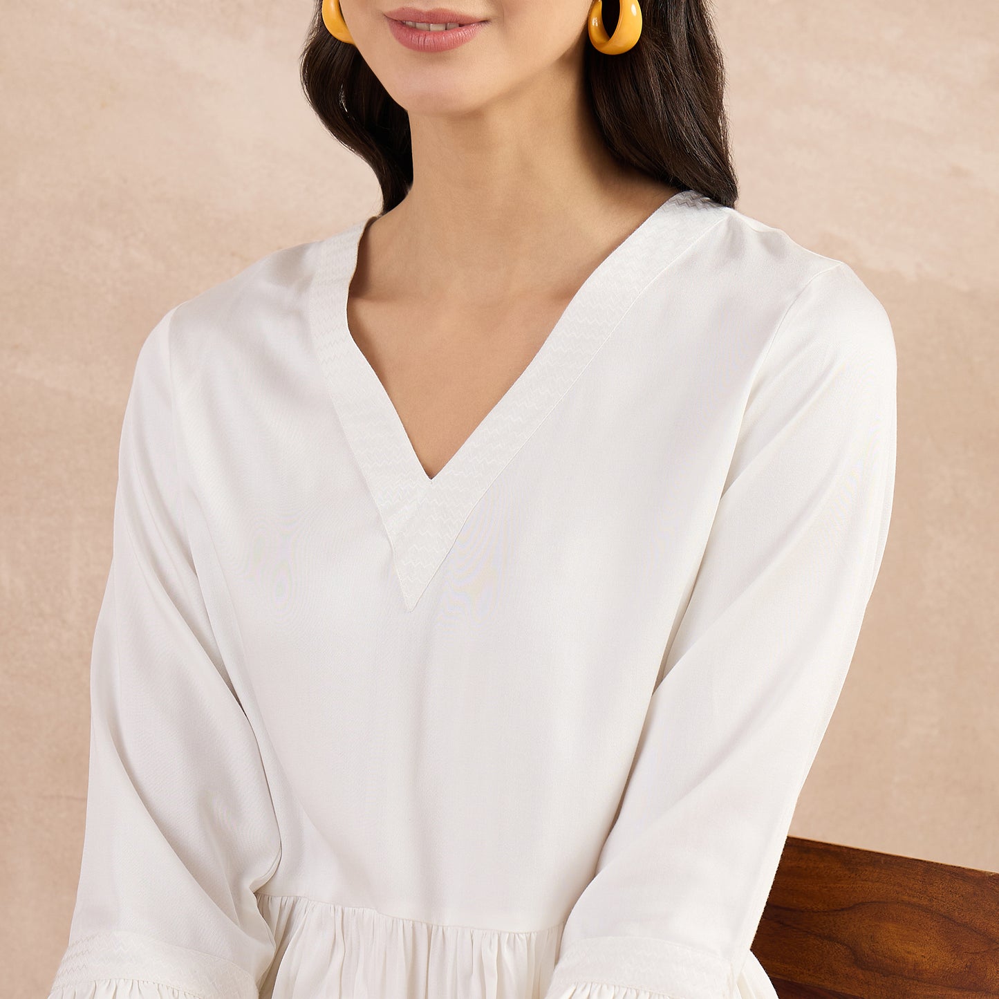 Off-White Herringbone V-Neck Peplum Top