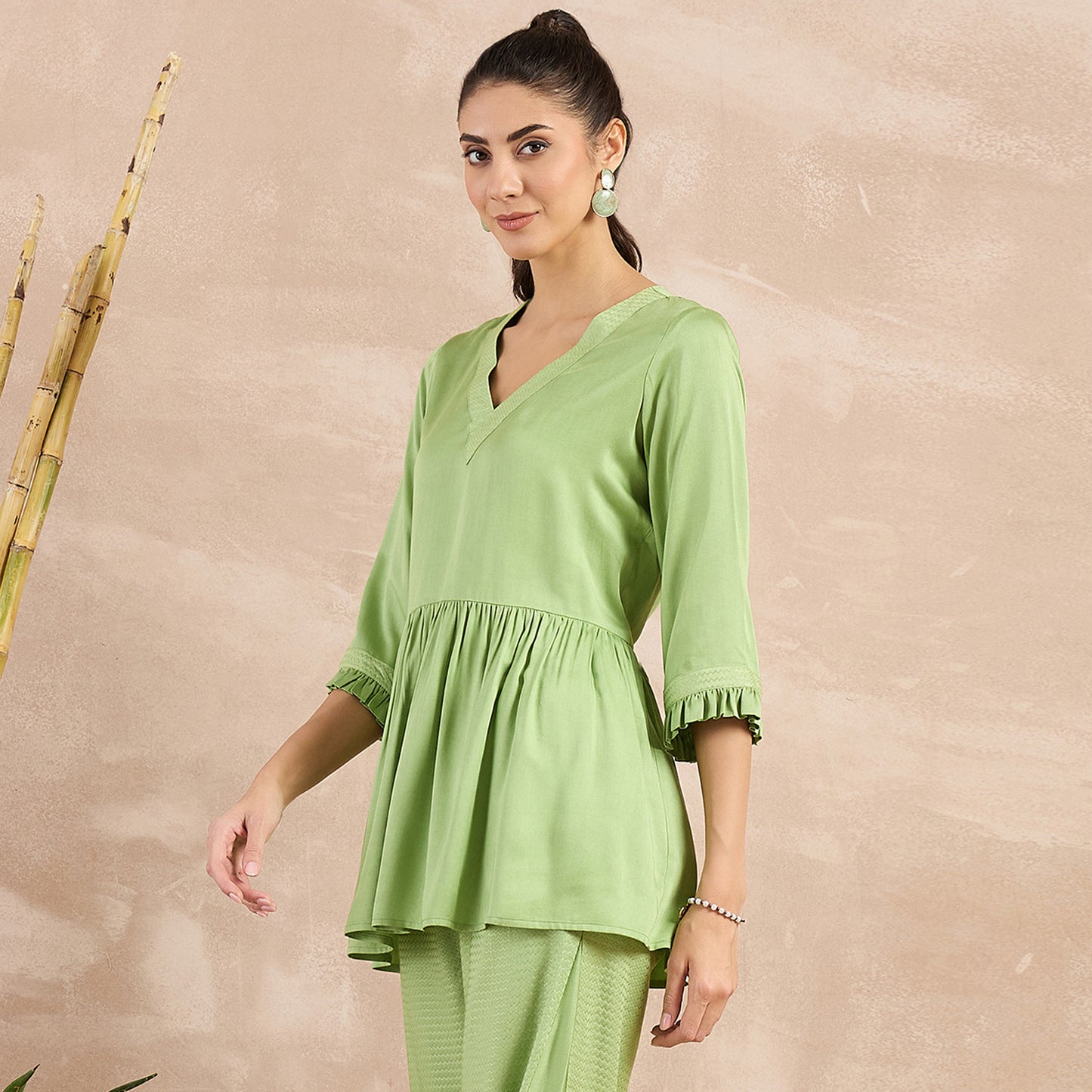 Pastel Green Herringbone V-Neck Peplum Top