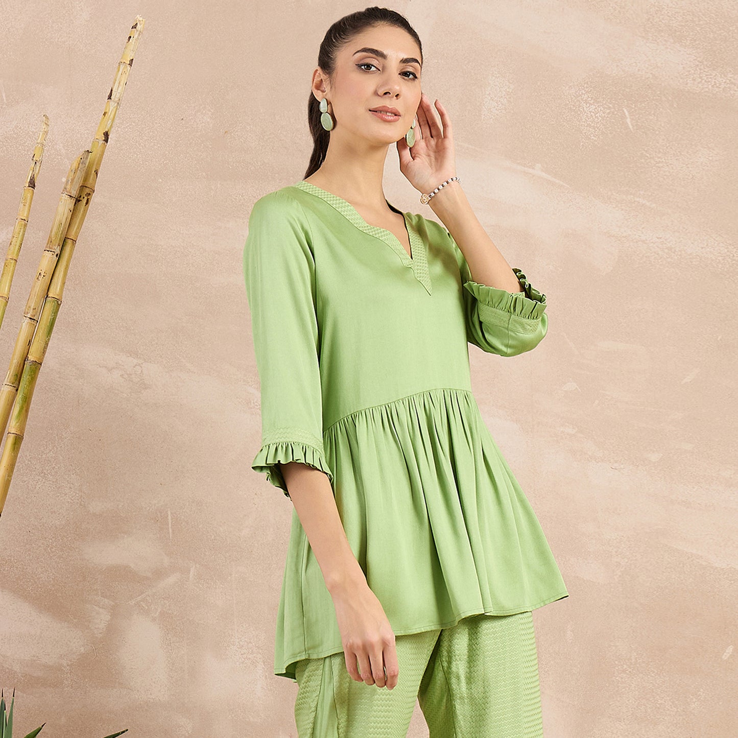 Pastel Green Herringbone V-Neck Peplum Top