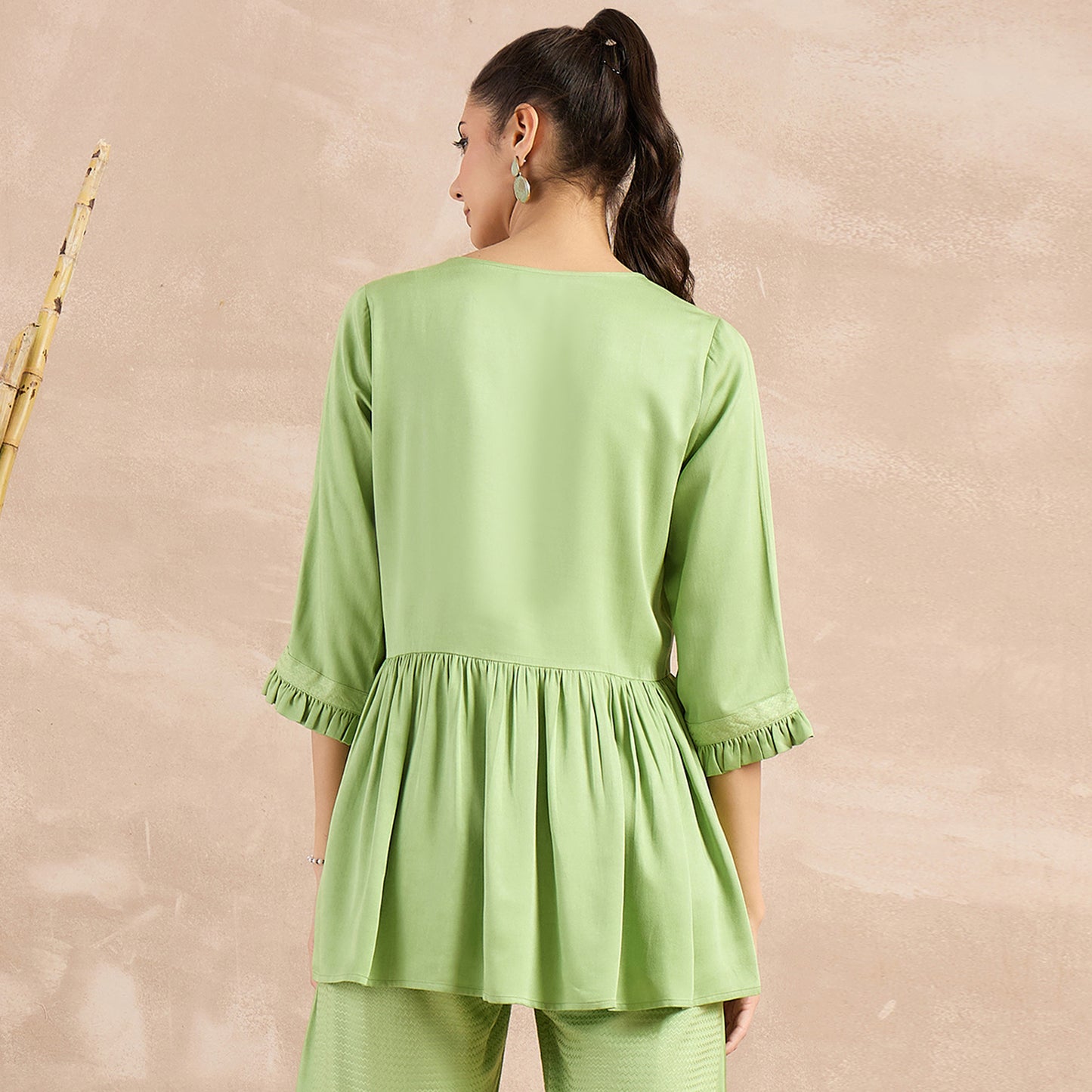 Pastel Green Herringbone V-Neck Peplum Top