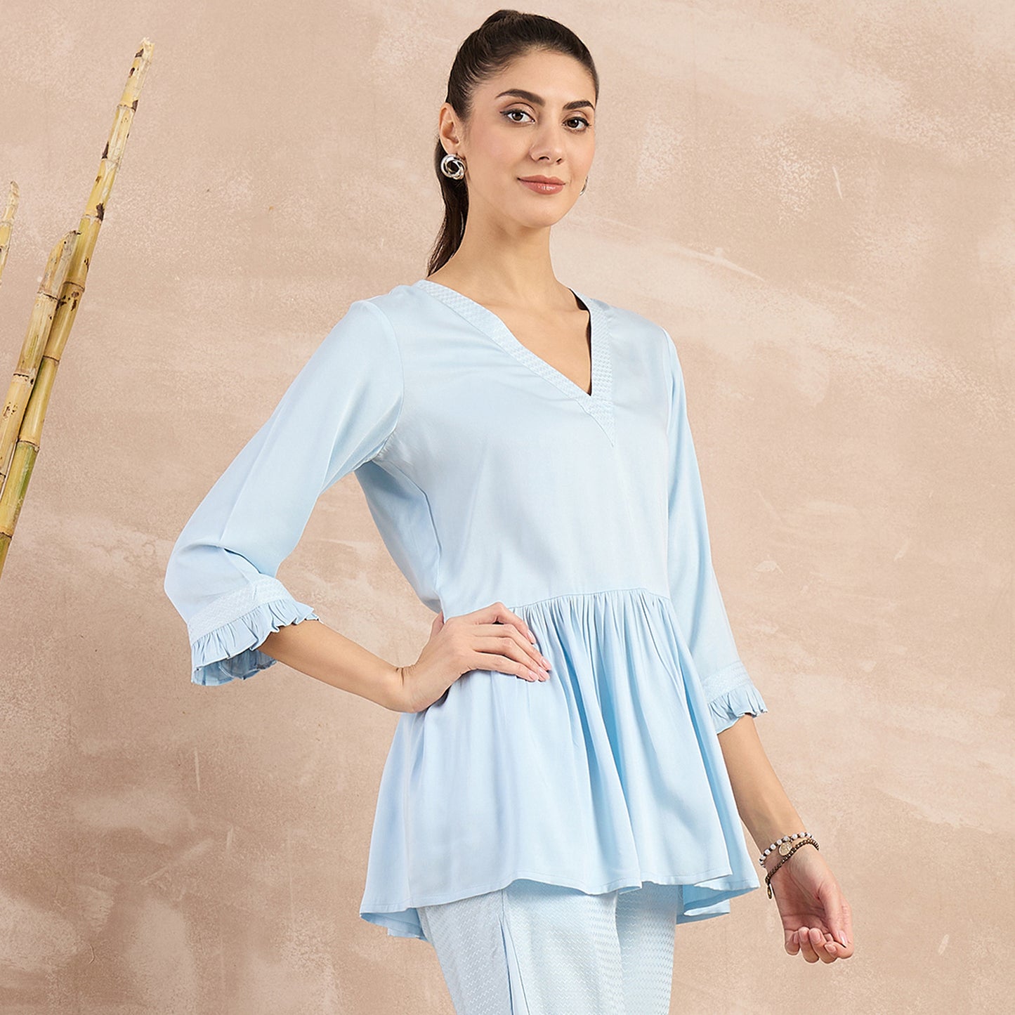Sky Blue Herringbone V-Neck Peplum Top