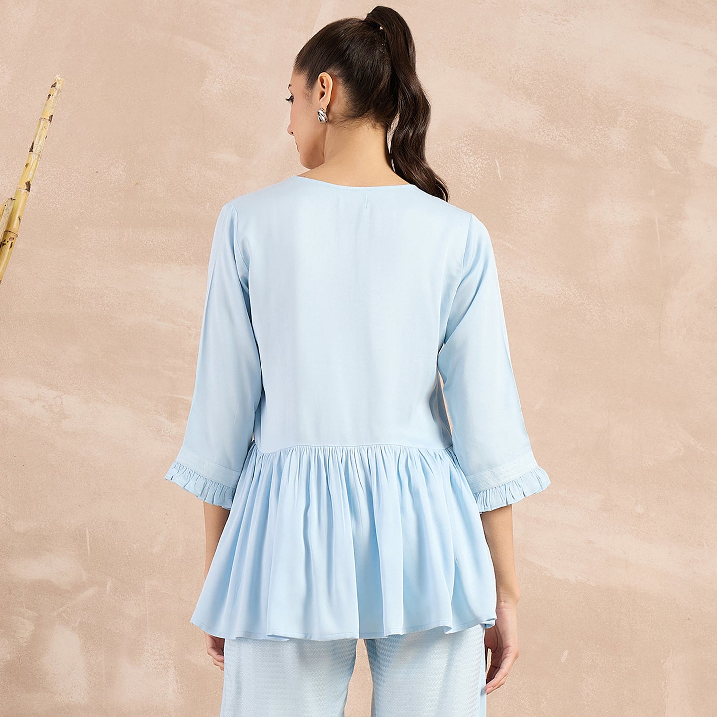 Sky Blue Herringbone V-Neck Peplum Top