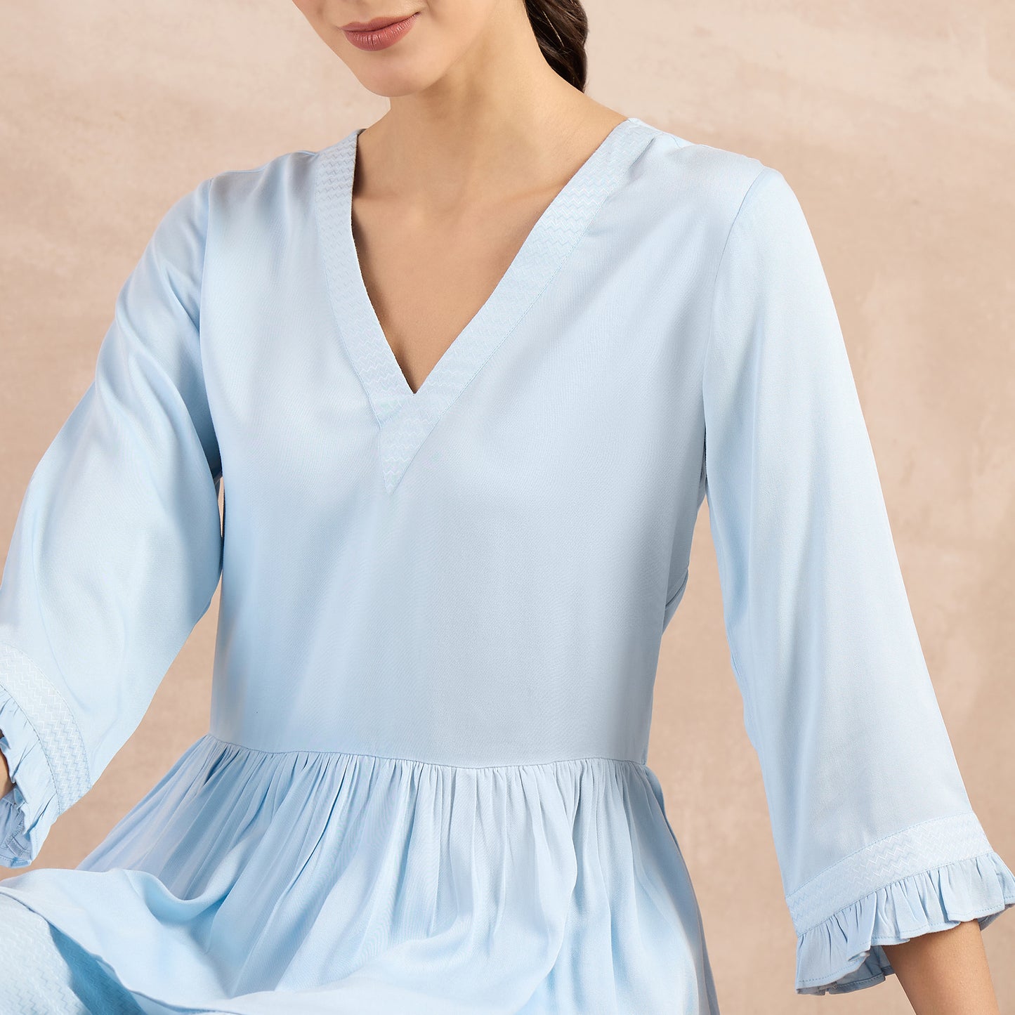 Sky Blue Herringbone V-Neck Peplum Top