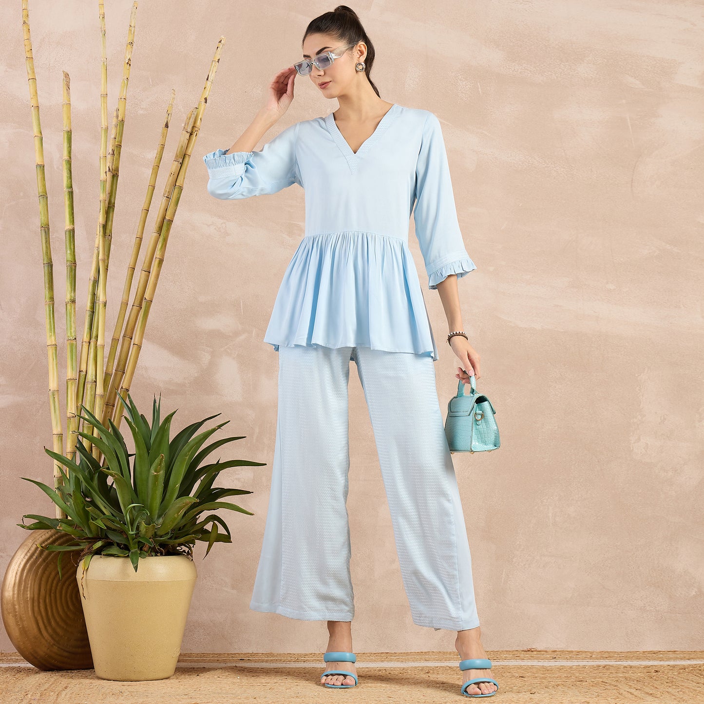 Sky Blue Herringbone V-Neck Peplum Top