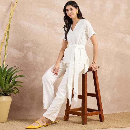 Off-White Herringbone High-Low Top with Belt