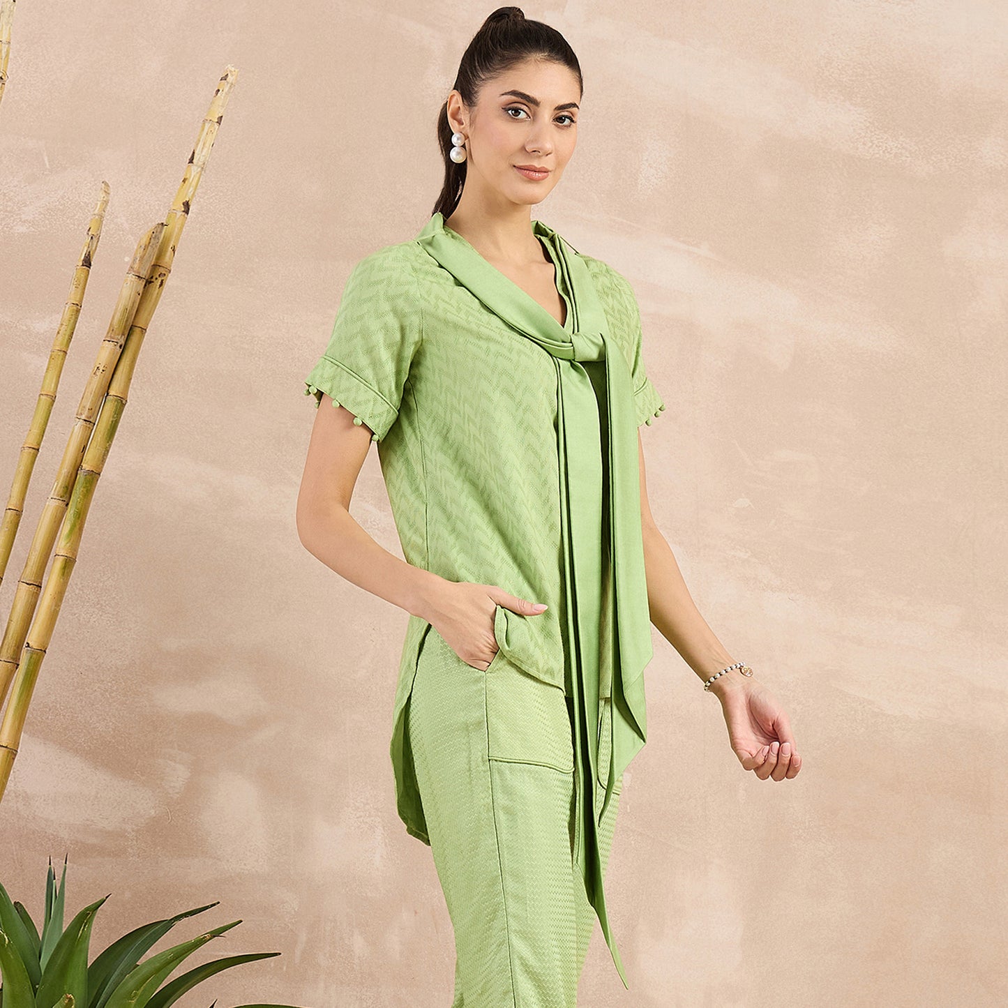 Pastel Green Herringbone High-Low Top with Belt