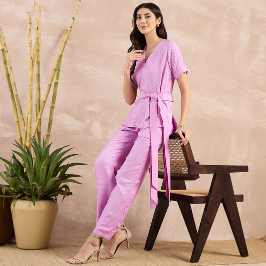 Purple Herringbone High-Low Top with Belt