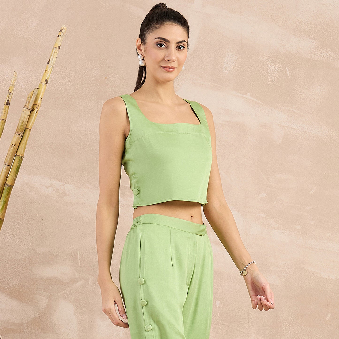Pastel Green Buttoned Camisole Crop Top