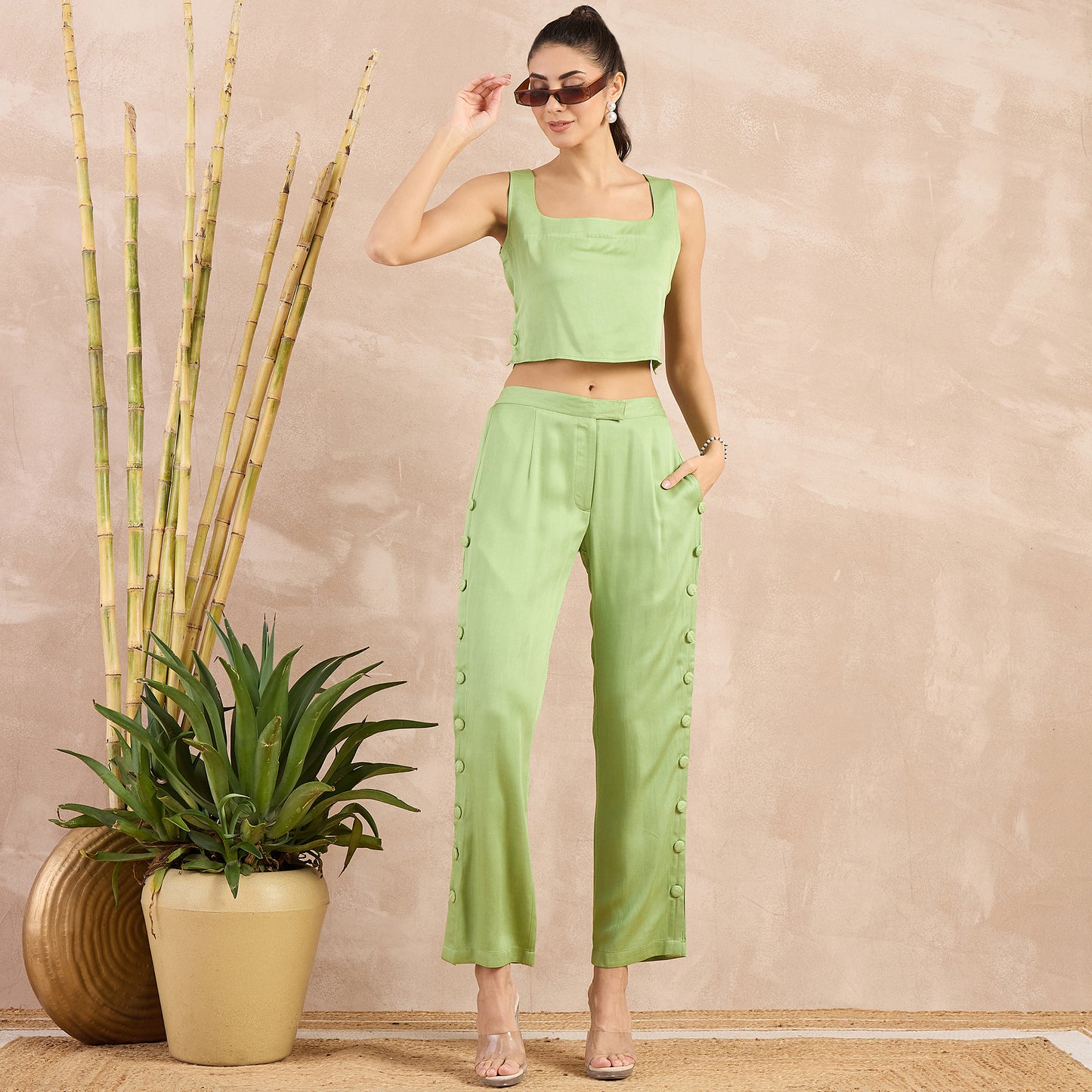 Pastel Green Buttoned Camisole Crop Top