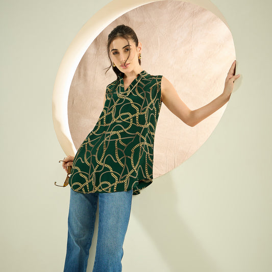 Forest Green Chain Print Sleeveless Top