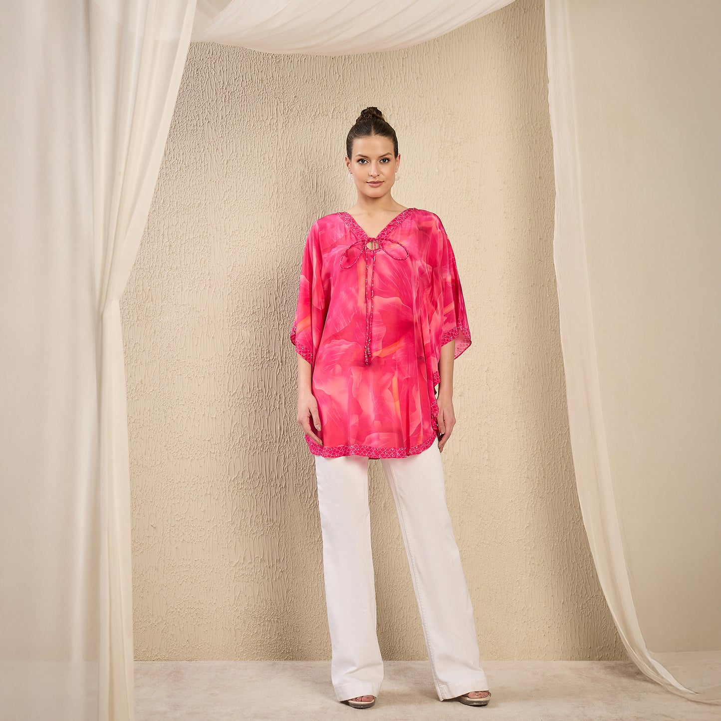Pink Embellished Floral Keyhole Top