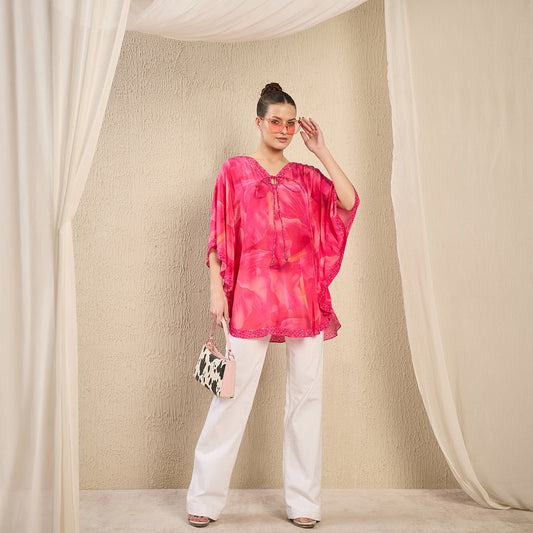 Pink Embellished Floral Keyhole Top