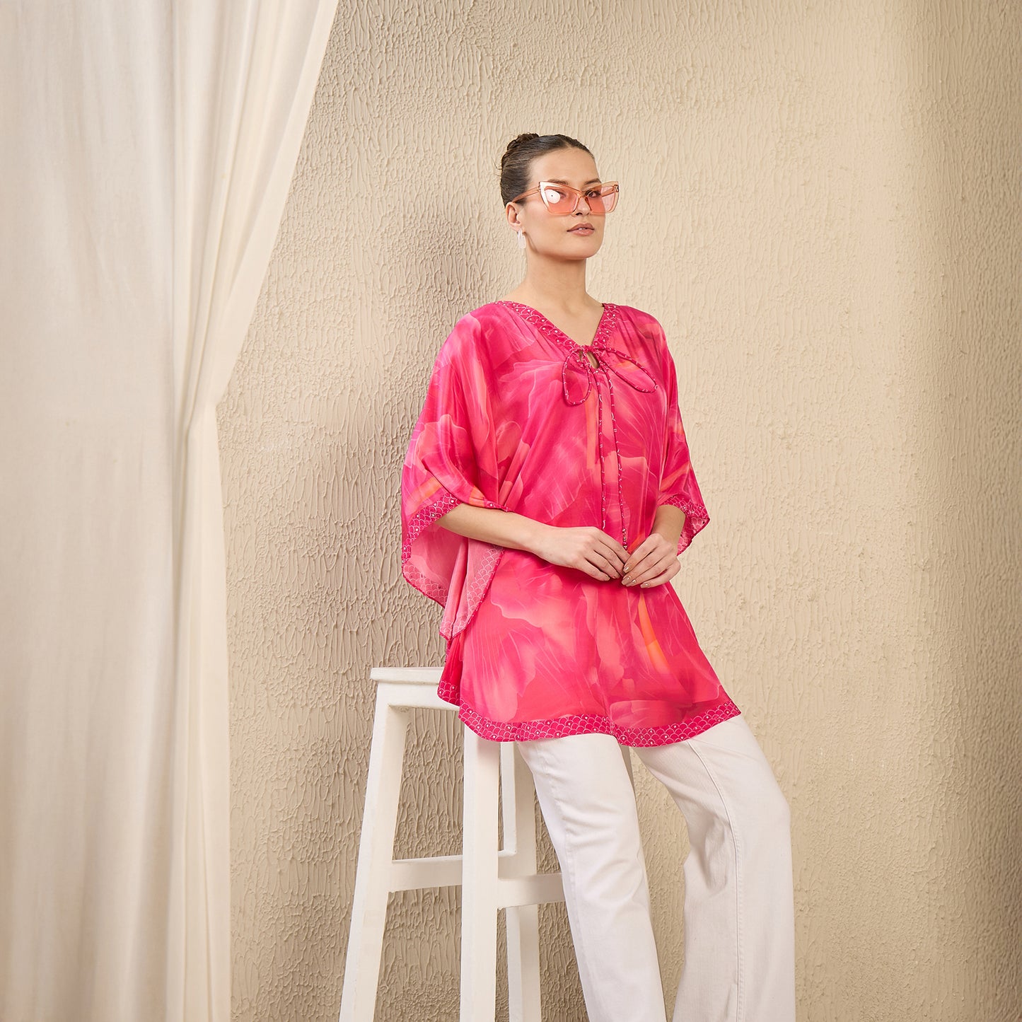 Pink Embellished Floral Keyhole Top