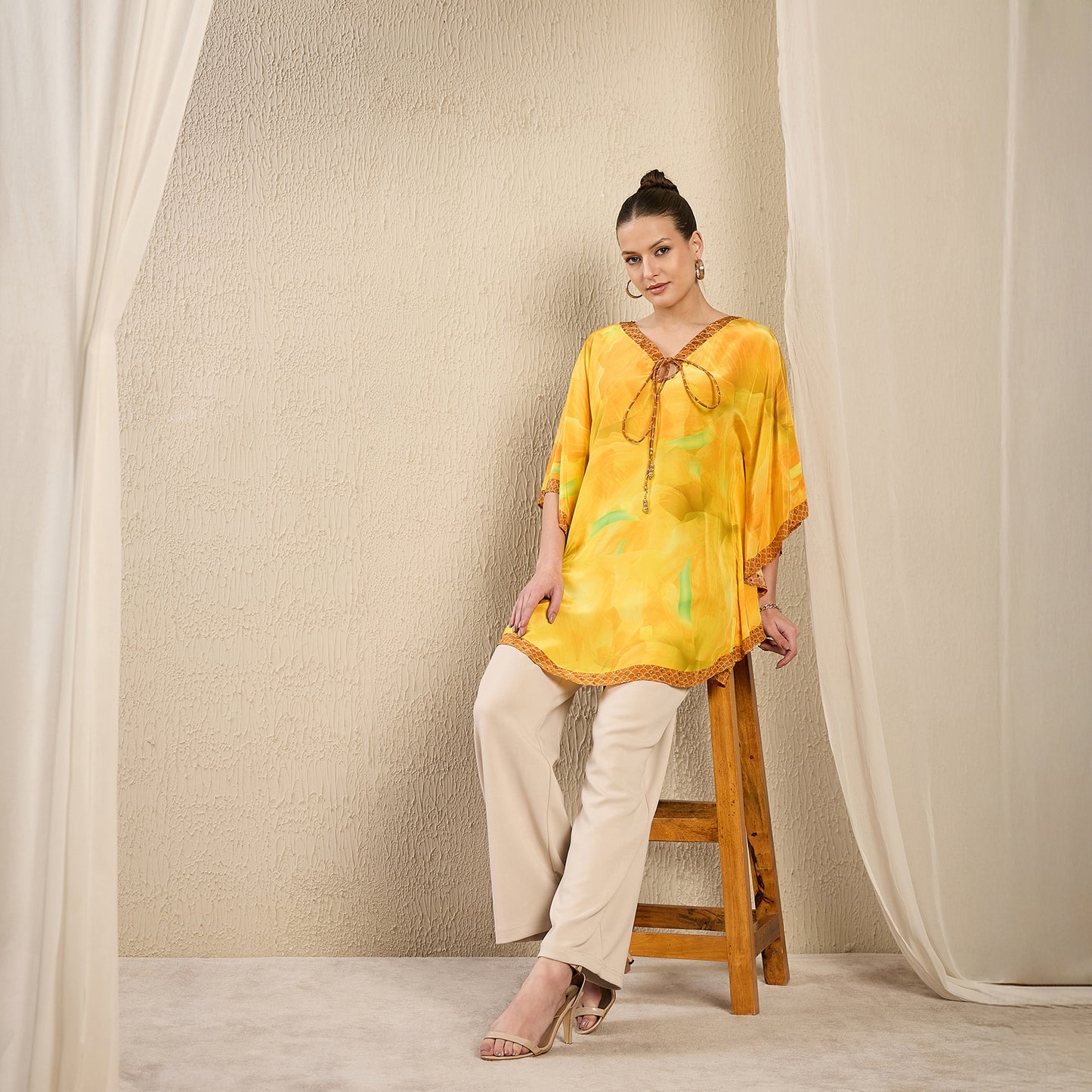 Yellow Embellished Floral Keyhole Top