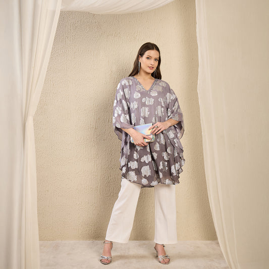 Grey Hand Embroidered Ombre Lurex Top