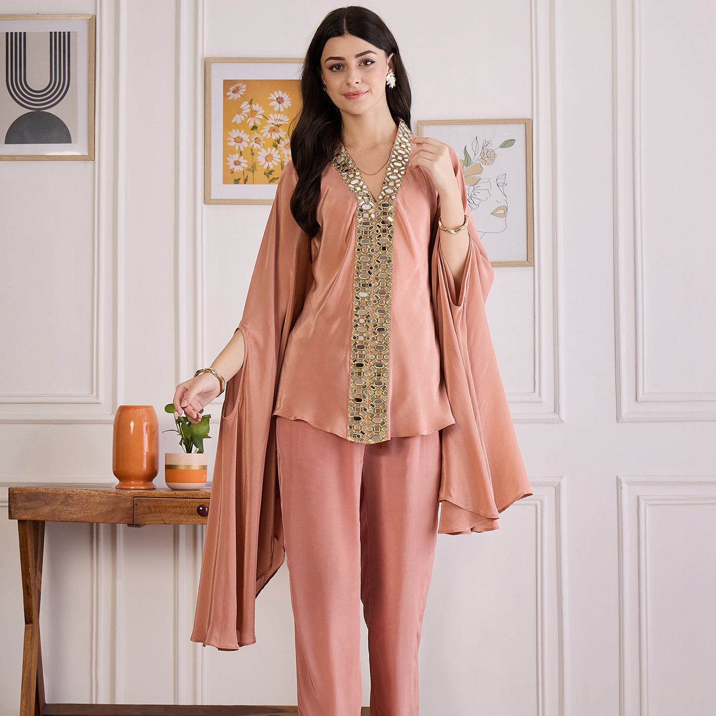 Light Rust Mirror Laced Kaftan Top