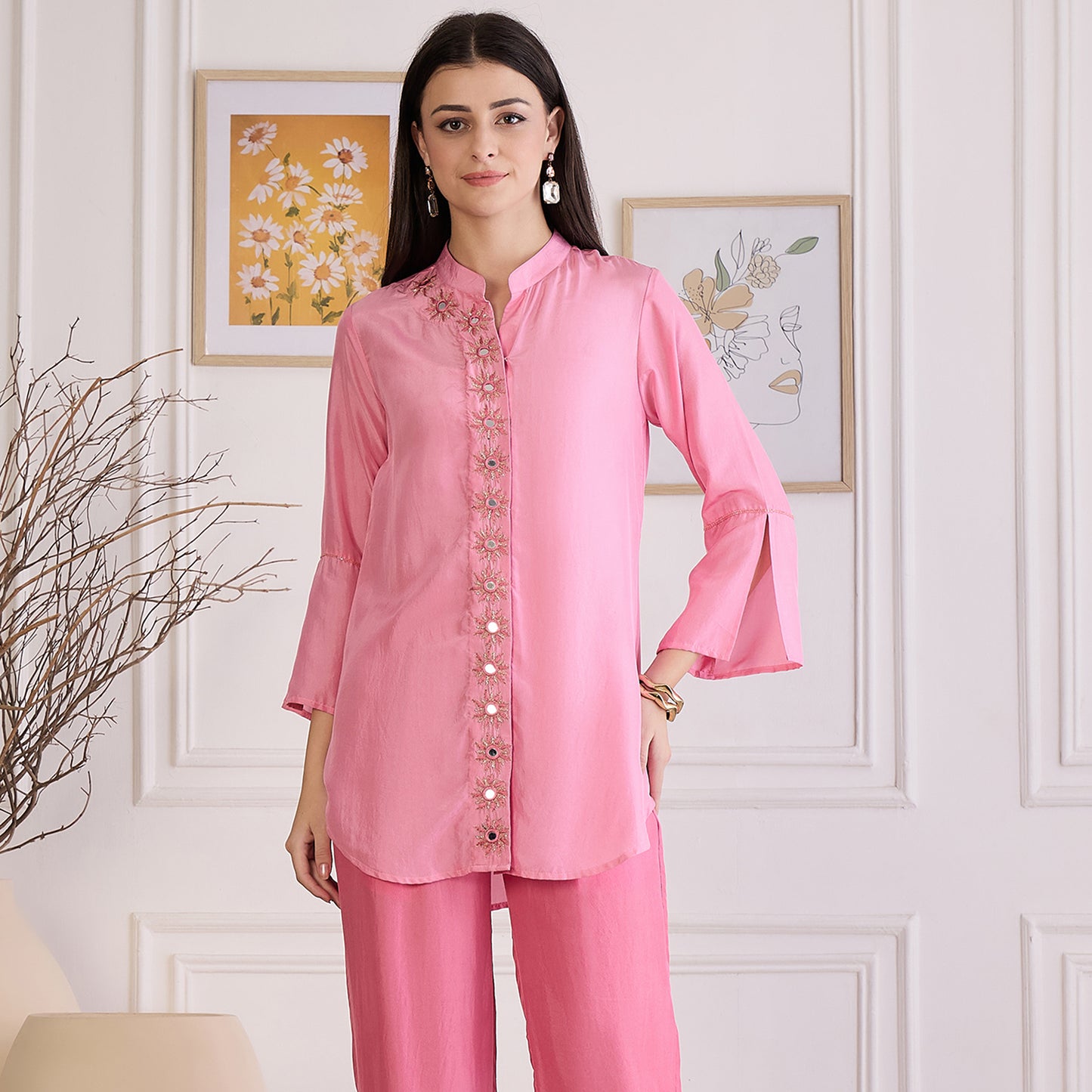 Pink Hand Embroidered Shirt Top
