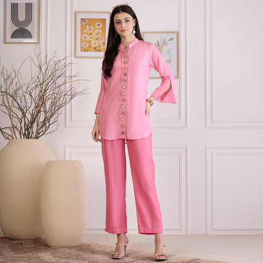 Pink Hand Embroidered Shirt Top