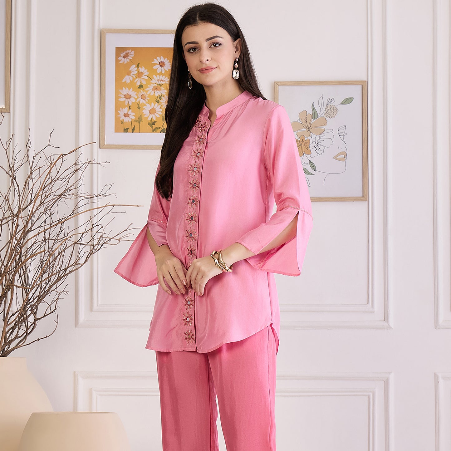 Pink Hand Embroidered Shirt Top